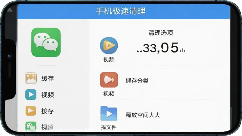 手机极速清理应用的微信专清功能界面，主体是手机屏幕，布局为左右分栏，左侧是微信图标和缓存分类，右侧是清理选项和释放空间大小，排版清晰，风格是清爽的工具界面，细节包括图片、视频、文件等分类图标，屏幕顶部有“手机极速清理”标识，画质干净，无多余元素