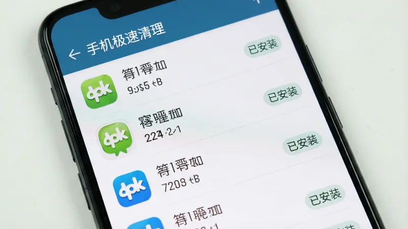 一张手机屏幕显示手机极速清理安装包管理界面的画面，主体是手机，布局为列表形式，排版是每个安装包一行，风格为极简的清单风格，细节包括apk图标、文件名称、文件大小和“已安装”标签，屏幕上方有“手机极速清理”文字，画质清晰，无多余元素