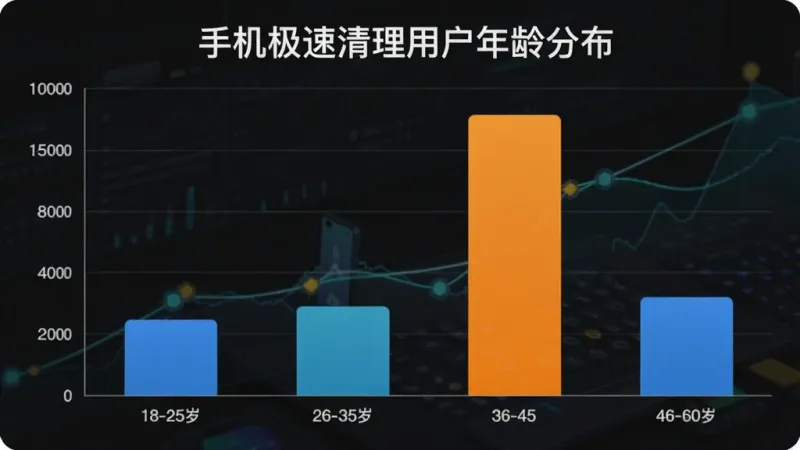 一张手机极速清理用户年龄分布柱状图،主体是柱状图图表،布局为横轴是年龄段、纵轴是人数占比،排版清晰،风格为现代数据可视化风格،细节包括18-25岁、26-35岁、36-45岁、46-60岁四个柱子،其中26-35岁柱子最高،图表顶部有“手机极速清理用户年龄分布”标题،画质干净،无多余元素