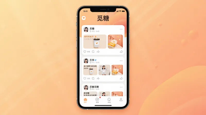 觅糖App主界面全貌展示，画面中央是一部智能手机，手机屏幕上显示“觅糖”App的首页界面，界面顶部有“觅糖”文字标识，中间区域展示用户动态卡片流，底部有导航栏图标，背景为柔和的暖色调渐变，风格清新现代扁平化，细节圆润干净，画质清晰无多余元素