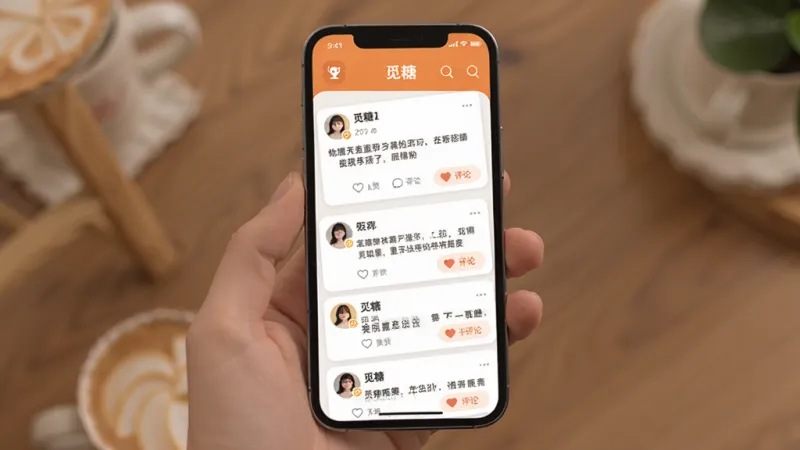 觅糖App动态广场界面展示，画面中一部手机屏幕显示“觅糖”动态广场页面，可见多条用户动态卡片，每条卡片包含用户头像、昵称、文字内容和点赞评论按钮，界面色彩温暖舒适，布局清晰有层次，风格简约现代，画质干净无多余元素