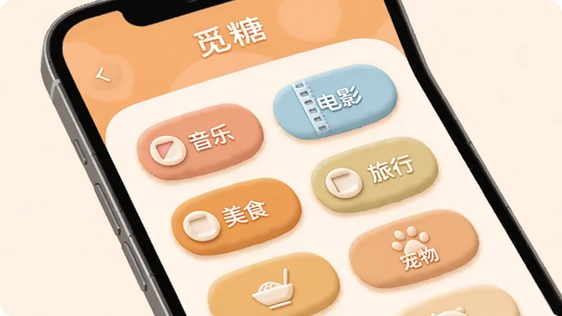 觅糖App兴趣标签选择界面，手机屏幕显示“觅糖”标签选择页面，页面上有音乐、电影、旅行、美食、宠物等多个兴趣标签按钮供用户勾选，界面以柔和的暖橙色为主色调，按钮圆润有质感，布局简洁明了，风格清新可爱，画质干净无多余元素