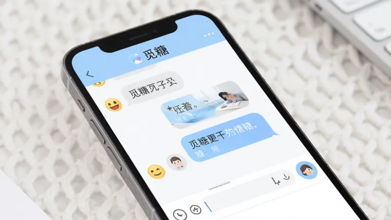 觅糖App聊天界面展示，手机屏幕显示“觅糖”即时聊天窗口，包含聊天气泡、表情按钮和输入框，对话内容轻松日常，界面配色柔和，布局干净整洁，风格现代简约，细节精致，画质清晰无多余元素