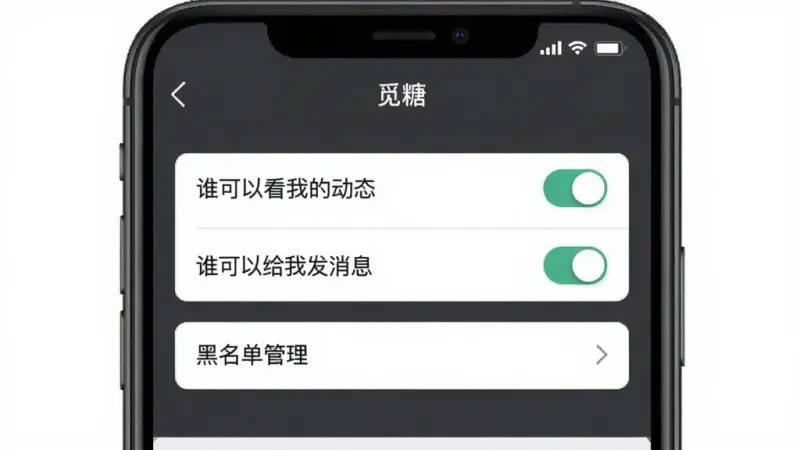 觅糖App隐私设置界面，手机屏幕显示“觅糖”隐私设置页面，包含“谁可以看我的动态”“谁可以给我发消息”“黑名单管理”等选项，界面以深灰色和白色为主，按钮开关清晰可见，风格沉稳简洁，布局规整，画质干净无多余元素