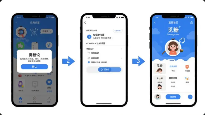 觅糖App安装与设置流程示意图，画面展示一部手机从应用安装到进入“觅糖”首页的完整步骤，包含安装确认弹窗、权限设置页面和最终首页界面，风格为扁平化教程插图，配色以蓝色和白色为主，步骤清晰标注，画质干净无多余元素