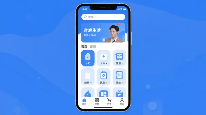 音旭生活App主界面展示,画面中央是手机屏幕,屏幕内显示音旭生活应用首页,顶部有搜索栏和轮播图,中间是商品分类图标网格,底部导航栏有首页、分类、购物车、我的四个选项,整体布局清晰简洁,风格现代扁平化,蓝白配色为主,细节圆润,画质干净无多余元素