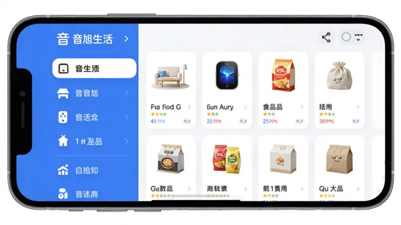 音旭生活商品分类页面展示,画面主体是手机屏幕,屏幕内显示音旭生活App的商品分类界面,左侧是垂直分类导航栏,右侧是商品网格展示,包含家居、数码、食品等分类图标和商品缩略图,布局整齐,风格清爽,蓝白配色,细节圆润,画质干净无多余元素
