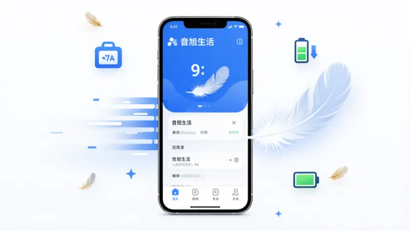 音旭生活App运行流畅度展示,画面中一部手机屏幕显示音旭生活应用界面,旁边有速度线条和轻盈的羽毛元素象征流畅轻快,手机周围有存储空间图标和电池图标,风格简洁科技感,蓝白配色,布局居中,画质干净无多余元素