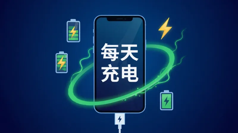 一张手机充电场景的科技风插画，画面中央是一部正在充电的智能手机，屏幕上显示“每天充电”四个大字，手机周围环绕着电池图标、闪电符号和绿色能量环，背景是深蓝色渐变，整体风格简洁现代，画质干净无多余元素