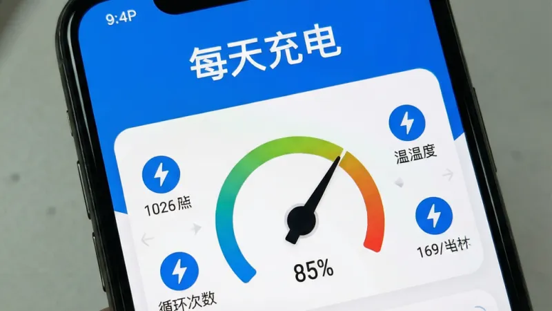 一张手机屏幕截图风格的图片，界面上方显示“每天充电”标题，下方是电池健康度仪表盘，指针指向85%，周围有温度、电压、循环次数等数据图标，配色以蓝白为主，干净清爽