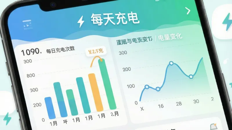 一张信息图表风格的图片，展示手机充电统计界面，有柱状图和曲线图，标题为“每天充电”，界面显示每日充电次数和电量变化，配色清新，布局清晰