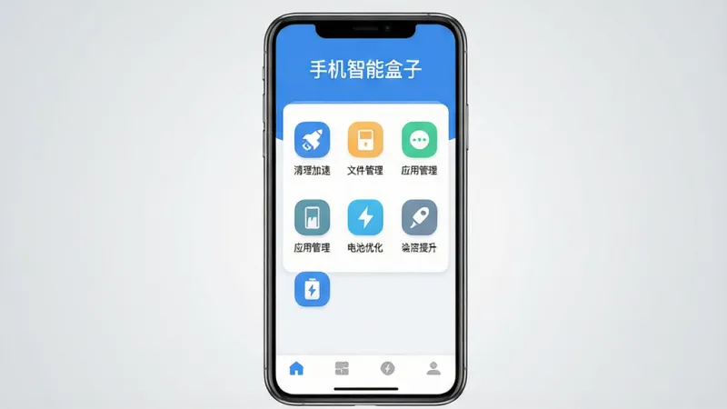 一张手机智能盒子的应用主界面展示图,画面中央是一部现代智能手机,手机屏幕显示应用界面,界面顶部有“手机智能盒子”文字标题,中间区域是功能图标网格排列,包括清理加速、文件管理、应用管理、电池优化等图标,底部有导航栏,整体布局简洁清晰,蓝白配色风格,扁平化设计,细节圆润,画质干净无多余元素,背景为浅灰色渐变,突出手机屏幕内容