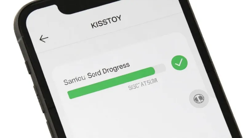 KISSTOY 文件传输界面,手机屏幕上显示文件发送进度条快速走完,旁边有对勾图标,背景是简洁的聊天界面,画质干净,无多余元素