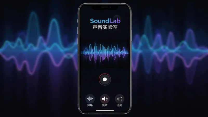 手机屏幕竖屏展示 SoundLab 声音实验室 的主界面,界面以深色背景搭配霓虹蓝紫色波形图,顶部显示 SoundLab 声音实验室 文字标识,中间是实时音频波形和录音按钮,底部是降噪、变声、混响等功能图标,布局简洁直观,风格现代科技感,细节干净无多余元素,画质清晰