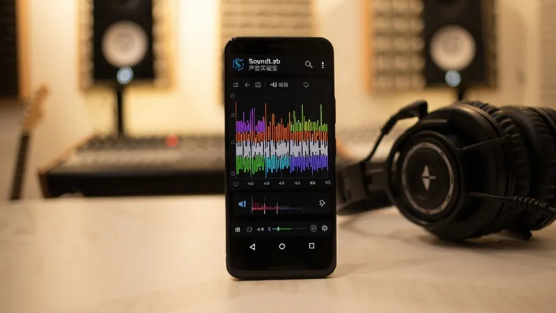 一部安卓手机放在桌面上,屏幕显示 SoundLab 声音实验室 的实时音频处理界面,彩色声波柱状图随着声音跳动,旁边有一副监听耳机,背景是简洁的录音室环境,暖色灯光,画面聚焦在手机屏幕和耳机上,风格写实清晰,画质干净无多余元素