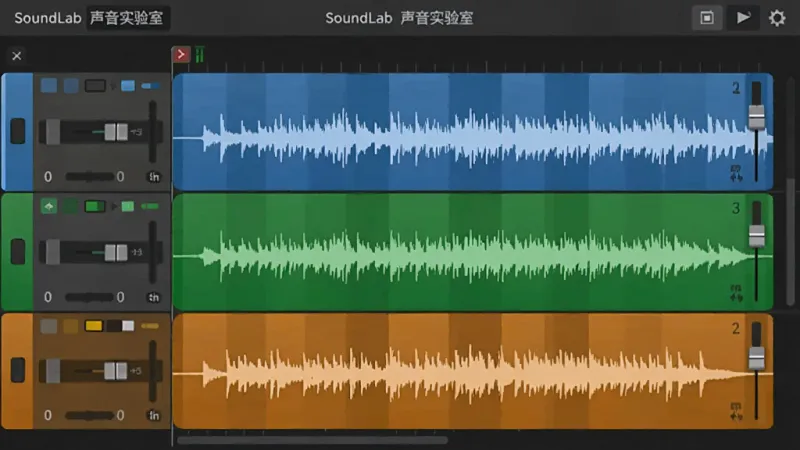 SoundLab 声音实验室 的多轨混音编辑界面截图,显示三条彩色音轨,每条轨道上有波形和音量推子,界面背景为深灰色,轨道颜色分别为蓝、绿、橙,布局清晰,风格扁平化设计,屏幕上有 SoundLab 声音实验室 字样,画质干净