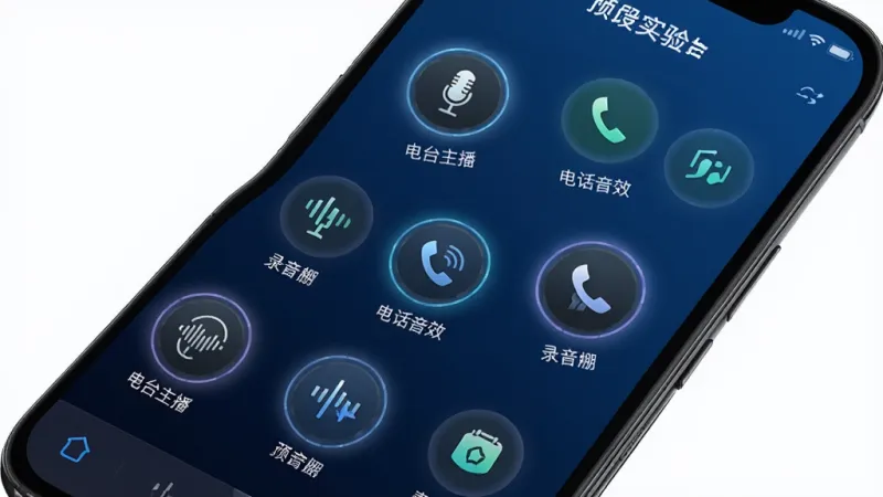 手机屏幕显示 SoundLab 声音实验室 的预设效果库界面,排列着多个圆形图标,每个图标下方有文字标签如“电台主播”“录音棚”“电话音效”等,背景为深蓝色渐变,图标有轻微发光效果,界面排版整齐,风格现代,画质清晰干净