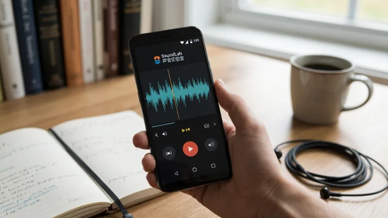 SoundLab 声音实验室 在安卓手机上的使用场景,一只手拿着手机,屏幕上显示录音界面和波形,旁边有耳机线,背景是书房桌面,有笔记本和咖啡杯,画面自然生活化,风格写实,画质清晰干净