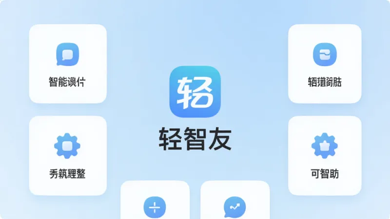 一张展示轻智友手机应用主界面的图片,画面中央是轻智友的LOGO和名称,周围环绕着简洁的卡片式功能入口,背景是淡蓝色渐变,风格现代扁平,细节圆润,画质干净无多余元素,整体呈现轻量智能助手的全貌