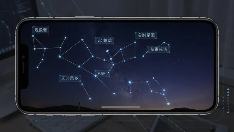观象斋 实时星图功能展示，手机屏幕显示夜空画面，叠加星座连线与天体名称标签，背景是深色渐变天空，风格写实科技感，画质清晰干净无多余元素
