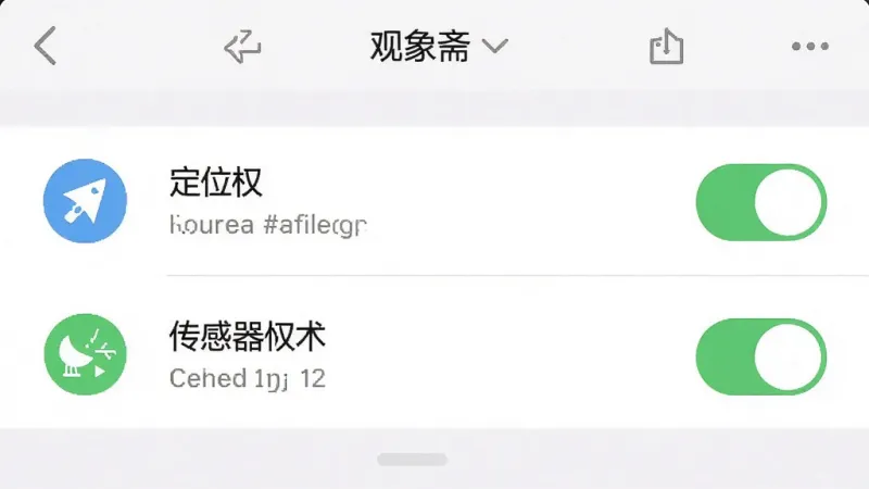 观象斋 手机设置权限界面截图风格展示，显示定位权限和传感器权限开关，界面简洁，背景白色，图标清晰，风格扁平化，画质干净无多余元素
