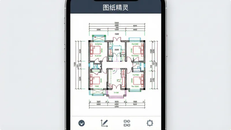 一张展示“图纸精灵”CAD看图软件核心界面的图片，主体是手机屏幕，屏幕中央显示一张复杂的建筑平面CAD图纸，图纸上有清晰的尺寸标注和不同颜色的线条图层，屏幕顶部有“图纸精灵”文字标识，屏幕底部有一排简洁的工具图标，布局采用居中构图，风格为现代扁平化科技风，细节上图纸线条清晰锐利，背景是干净的浅灰色，画质高清，无多余元素