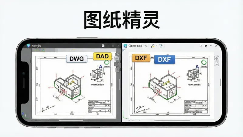 一张展示“图纸精灵”软件打开多种CAD图纸格式的展示图，主体是手机屏幕，屏幕中分屏显示DWG和DXF两种格式的图纸预览，屏幕上方有“图纸精灵”文字，布局采用上下分栏排版，风格为简洁明快的工具类应用风，细节上图纸预览清晰，文件格式标签明确，画质干净，无多余元素