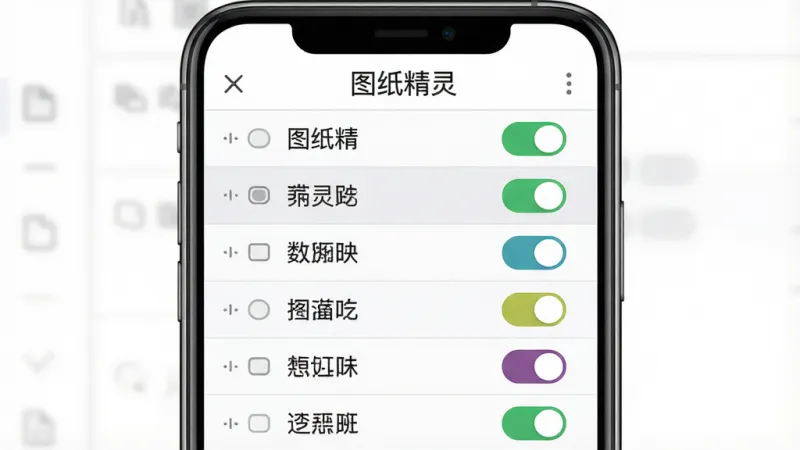 一张展示“图纸精灵”图层管理功能的界面图，主体是手机屏幕，屏幕显示CAD图纸图层列表，列表中有多个图层开关按钮和颜色标识，屏幕上方有“图纸精灵”文字，布局采用列表式排版，风格为清晰的功能操作界面，细节上图层名称和开关状态一目了然，画质干净，无多余元素