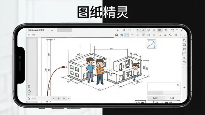 一张展示“图纸精灵”软件界面干净无广告的对比示意图，主体是手机屏幕，屏幕显示清爽的CAD图纸查看界面，屏幕上方有“图纸精灵”文字，布局采用居中展示，风格为极简工具风，细节上界面无弹窗无广告横幅，画质高清，无多余元素