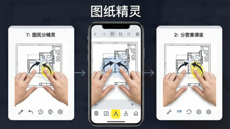 一张展示“图纸精灵”在手机端操作CAD图纸的教程示意图，主体是手机屏幕，屏幕中显示双指缩放图纸的手势操作和底部工具栏的高亮提示，屏幕上方有“图纸精灵”文字，布局采用分步图示排版，风格为清晰的新手引导界面，细节上手势箭头和工具图标明确，画质干净，无多余元素
