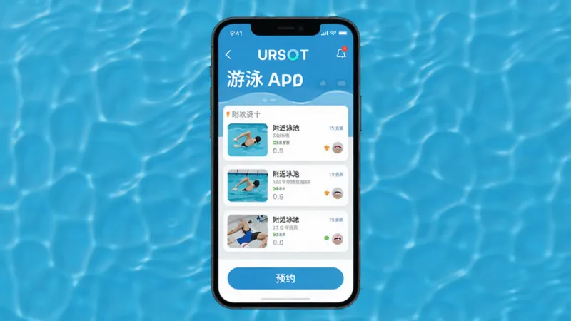 URSOT 游泳健身 APP 主界面展示，手机屏幕显示附近泳池列表和预约按钮，背景是蓝色水波纹，现代扁平化设计风格，画面干净无多余元素，高清画质