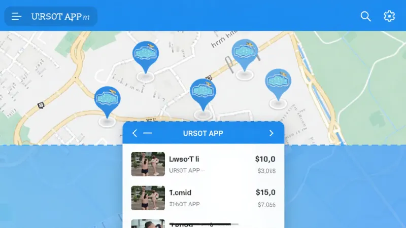 URSOT APP 附近场馆搜索界面，地图上显示多个泳池图标标记，底部弹出列表展示距离和价格，蓝色主题，简洁清晰，高清画质