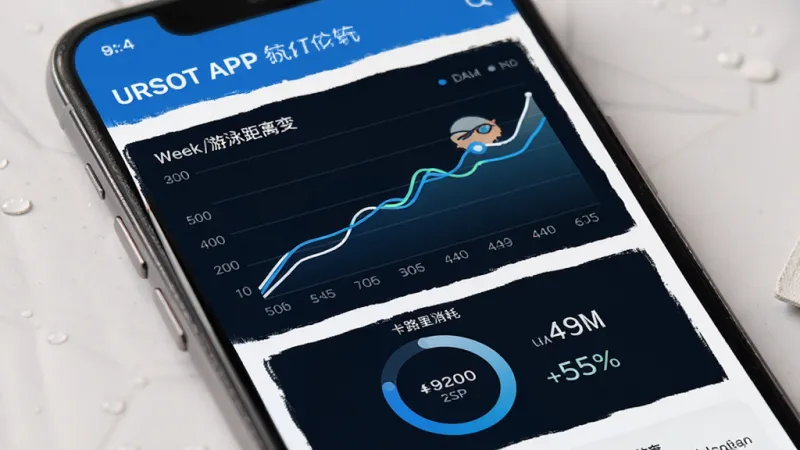 URSOT APP 运动数据统计页面，折线图展示每周游泳距离变化，圆形进度条显示卡路里消耗，蓝白配色，数据可视化清晰，高清画质