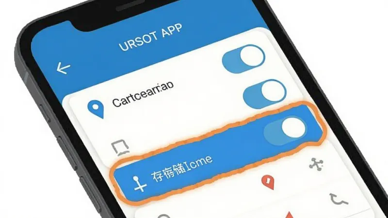 URSOT APP 安装权限设置界面示意图，手机屏幕显示权限开关列表，定位和存储权限高亮标注，扁平化风格，干净清晰