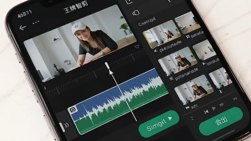 王牌智剪AI移动端操作界面特写图，画面展示手机屏幕上视频剪辑时间轴与素材库面板，布局为手机正面竖屏视角，排版突出时间轴轨道和功能按钮，风格为写实UI截图风格，细节上显示波形图、播放指针和导出按钮，画质干净清晰无多余元素