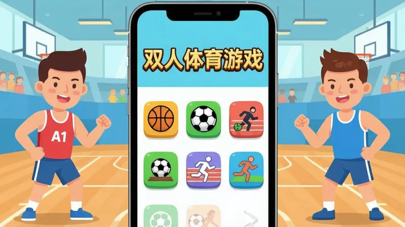 一张展示双人体育游戏主界面的图片，画面中央是手机屏幕，屏幕里显示双人体育游戏的标题“双人体育游戏”，下方有篮球、足球、田径等多个体育项目图标整齐排列，屏幕两侧分别站着两个卡通风格的运动员角色准备就绪，背景是简洁的体育馆场景，色彩明亮活泼，扁平化设计风格，画质干净清晰，无多余元素