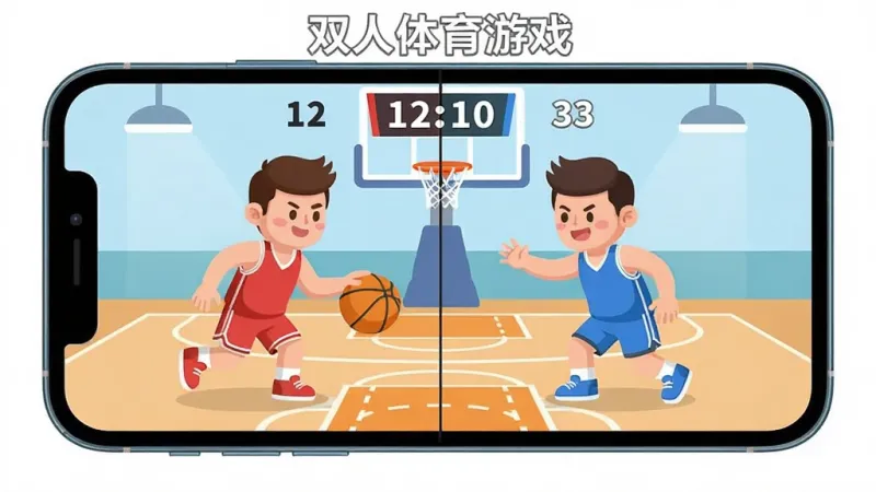 生图提示词：一张展示双人体育游戏本地同屏对战场景的图片，画面中一部手机横屏放置，屏幕从中间分为左右两半，左边是一个穿着红色球衣的卡通人物在打篮球，右边是一个穿着蓝色球衣的卡通人物在防守，屏幕上方显示比分“12:10”，背景是简洁的篮球场，风格为扁平化卡通，细节圆润，画质干净，无多余元素，图片中文字包含“双人体育游戏”
