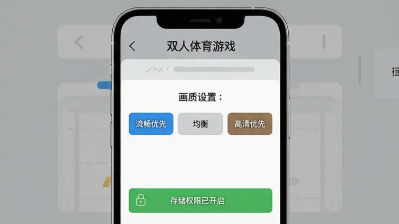 生图提示词：一张展示双人体育游戏新手设置界面的图片，画面中央是手机屏幕，屏幕上显示权限设置和画质选择选项，有“流畅优先”“均衡”“高清优先”三个按钮，下方有“存储权限已开启”的绿色提示，背景是简洁的灰色界面，风格现代扁平，文字清晰可辨，画质干净，无多余元素，屏幕顶部有“双人体育游戏”标题