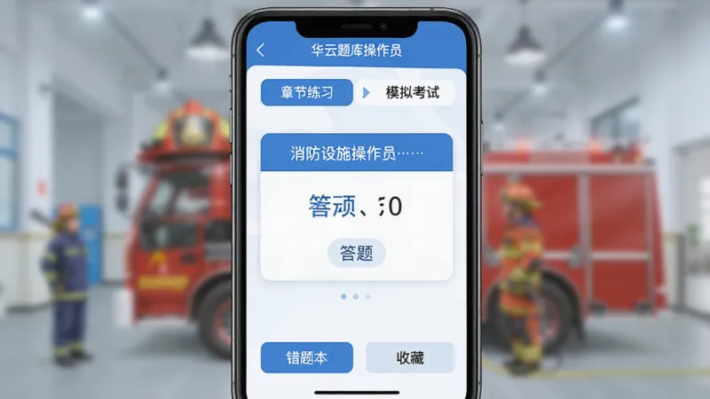 消防设施操作员华云题库 手机刷题界面 简洁清新 蓝白色调 顶部显示章节练习和模拟考试入口 中间是醒目的答题卡片 底部有错题本和收藏按钮 背景虚化 扁平化设计风格 画质清晰 无多余元素