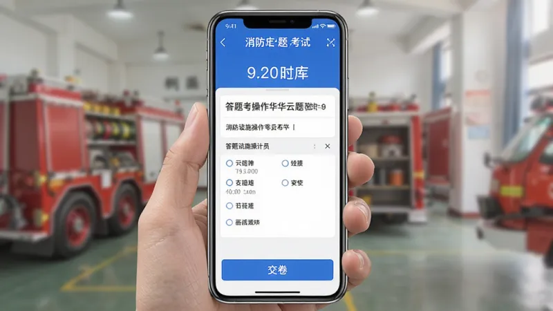 消防设施操作员华云题库 模拟考试界面 手机屏幕显示考试倒计时和答题卡 题目清晰 选项分明 底部有交卷按钮 风格简洁 蓝白配色 画质干净无多余元素