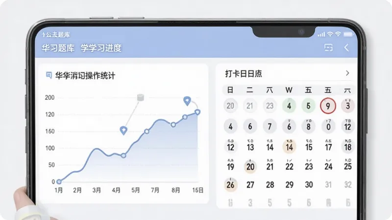 消防设施操作员华云题库 学习进度统计页面 手机屏幕显示正确率曲线图和打卡日历 数据清晰 配色柔和 扁平化风格 画质干净