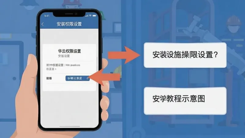 消防设施操作员华云题库 安装教程示意图 手机屏幕显示安装权限设置页面 箭头指引操作步骤 简洁明了 扁平化风格 画质清晰