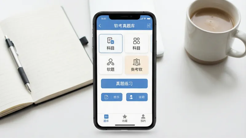 一张展示软考真题库App核心全貌的图片，画面中央是手机屏幕，屏幕内显示软考真题库主界面，顶部标题栏写着软考真题库，中间是科目分类卡片和真题练习按钮，底部是题库、收藏、我的三个选项卡，背景是干净的书桌场景，旁边放着笔记本和咖啡杯，风格清新简约，画质干净，无多余元素