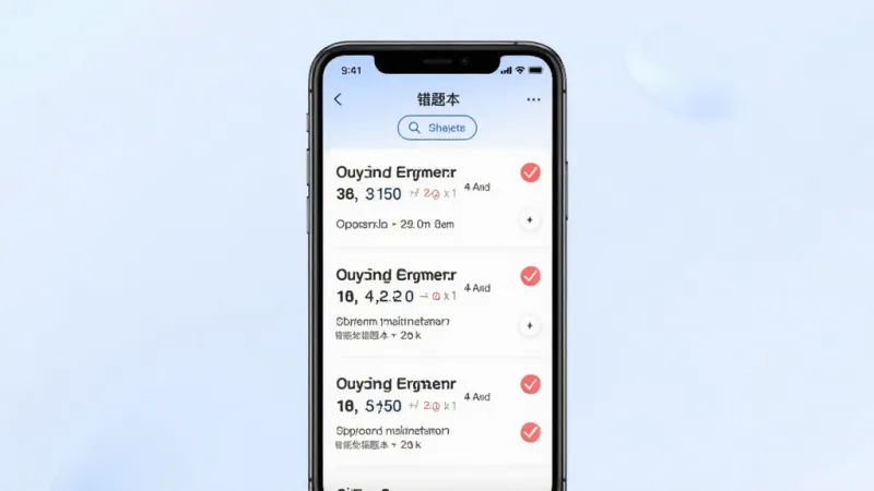 一张展示软考真题库智能错题本功能的图片，画面中手机屏幕显示错题本页面，列表中排列着几道做错的题目，每道题旁边有红色标记，顶部有筛选按钮，背景是淡蓝色渐变，风格简洁现代，画质干净，无多余元素