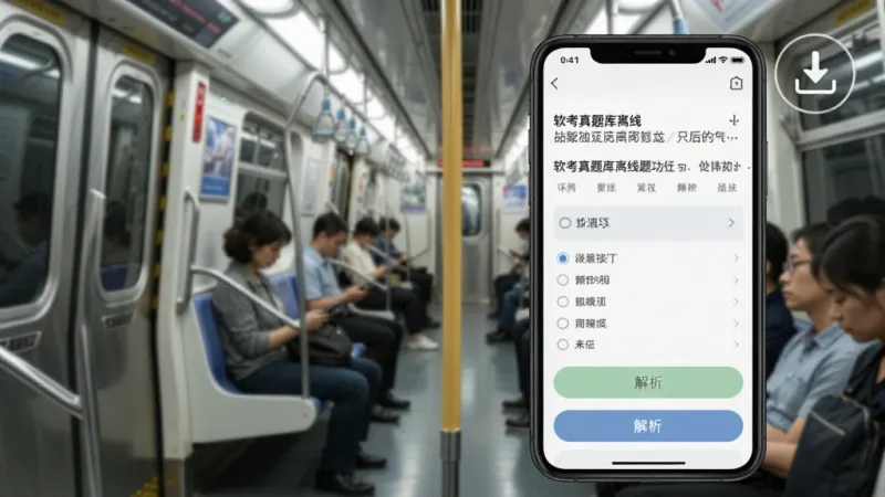 一张展示软考真题库离线刷题功能的图片，画面中手机屏幕显示题目练习界面，题目下方有选项和解析按钮，屏幕右上角有一个下载图标表示已缓存，背景是地铁车厢场景，风格写实，画质干净，无多余元素