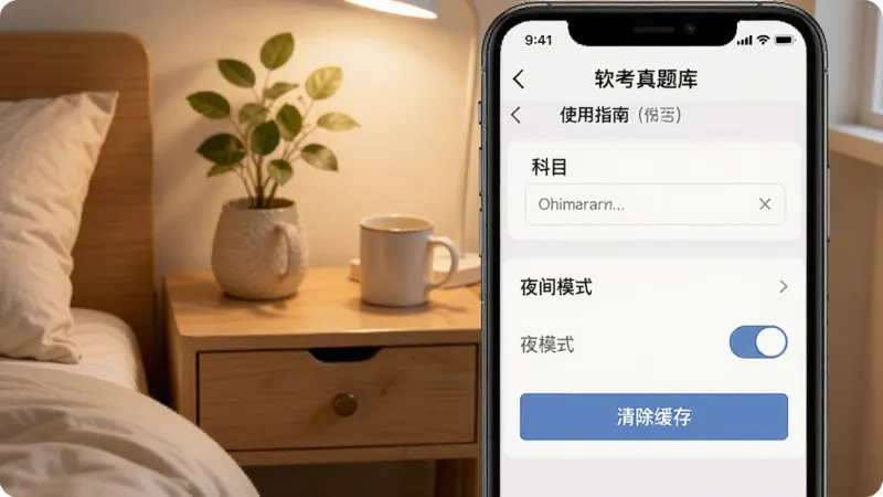 一张展示软考真题库使用指南的图片，画面中手机屏幕显示设置页面，页面中有科目选择、夜间模式开关、清除缓存按钮等选项，背景是温馨的卧室床头柜场景，风格生活化，画质干净，无多余元素