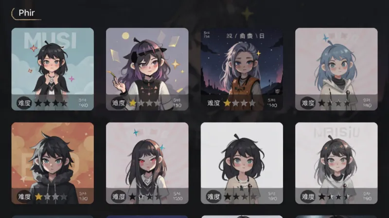 phir游戏内曲目选择界面的生图，画面中排列着不同封面的音乐专辑卡片，每张卡片上有风格各异的插画和难度星级标注，背景是柔和的暗色系，布局整齐清晰，风格为现代扁平卡片式设计，画质干净无杂乱元素