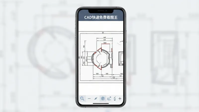 手机屏幕竖屏展示“CAD快速免费看图王”软件主界面，界面中间是一张打开的CAD图纸，图纸上有清晰的线条和尺寸标注，顶部有软件名称“CAD快速免费看图王”字样，底部有放大缩小工具栏，背景是干净的浅灰色，整体风格简洁现代，画质清晰，无多余元素