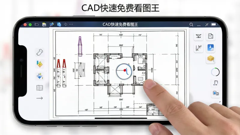 一张横向展开的CAD图纸在手机屏幕上流畅滑动，手指正在做缩放动作，图纸线条清晰锐利，背景是纯白色工作区，屏幕上方显示“CAD快速免费看图王”软件名称，整体画面明亮干净，突出流畅操作感