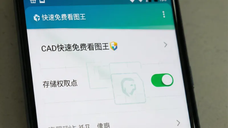 手机屏幕显示“CAD快速免费看图王”软件的权限设置界面，有存储权限开关处于开启状态，界面简洁，背景是安卓系统设置页面，画质清晰，无多余元素